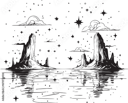Surreal dreamscape outline. Minimalist black and white vector with floating islands and stars.