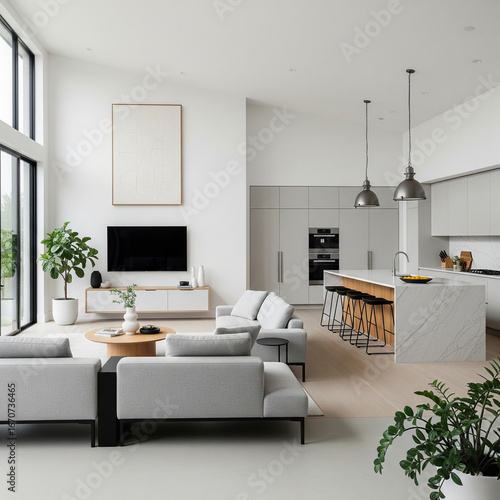 A modern minimalist home interior design with clean lines, sleek furniture, and neutral color palette, featuring an open-concept living space connected to a spacious kitchen, bathed in natural light	