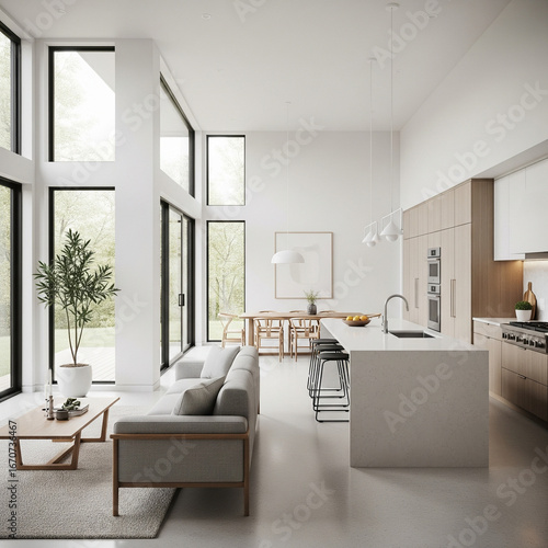 A modern minimalist home interior design with clean lines, sleek furniture, and neutral color palette, featuring an open-concept living space connected to a spacious kitchen, bathed in natural light	