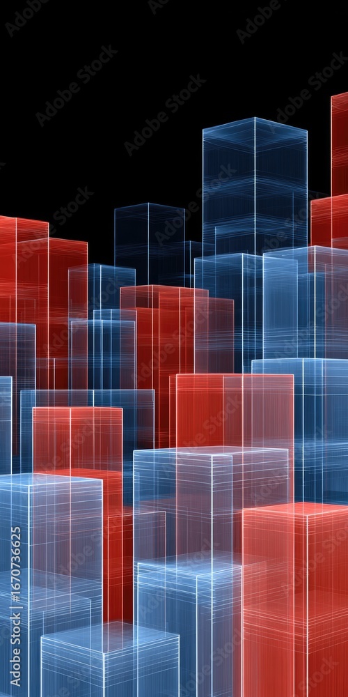 Fototapeta premium Futuristic urban landscape with endless neon skyscrapers in red and blue tones for modern graphic design projects