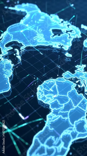A sleek futuristic digital visualization video of luminous electric blue, neon cyan, and deep violet data streams and crystalline grid lines flowing across a global map projection in abstract