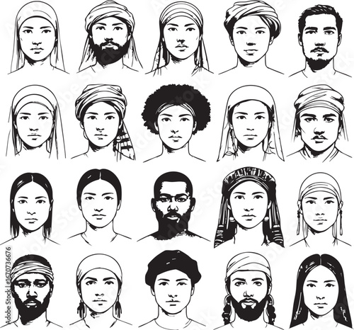 Diverse human faces outline. Minimalist black and white vector celebrating multicultural unity.