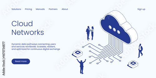 Cloud Networks, Dynamic Data Pathways Connecting Users and Services Worldwide with Scalable and Resilient Digital Exchange. Technology Isometric 3d Line Vector Illustration.