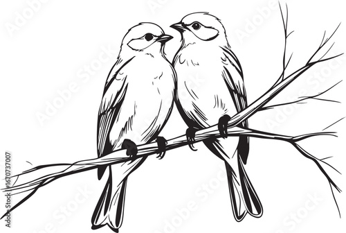 Birds on branch outline. Minimalist black and white vector representing companionship and harmony.