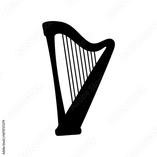 A simple monochrome harp illustration, music instrument of classical nature and origins