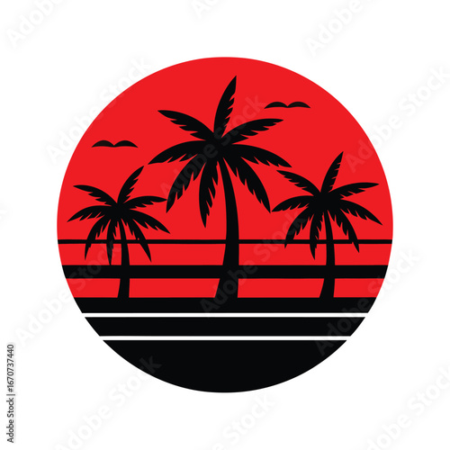 retro sunset with tropical surfboards lined up on