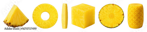 Pineapple set including wedge, ring, stick, cube, half-slice, and peeled cylinder isolated. Tropical fruit and healthy food collection.