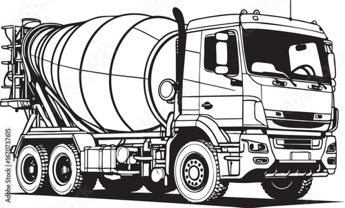 Concrete mixer truck outline vector. Side view sketch with rotating drum detail
