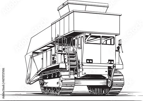 Continuous miner machine outline vector. Side sketch of underground mining vehicle