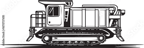 Continuous miner machine outline vector. Side sketch of underground mining vehicle