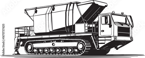 Continuous miner machine outline vector. Side sketch of underground mining vehicle