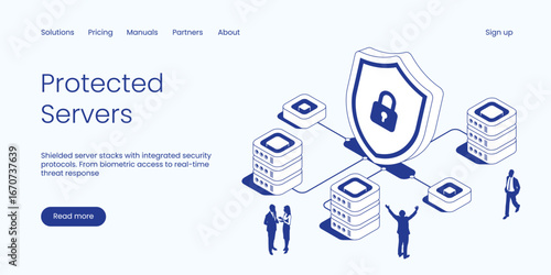 Protected Servers, Shielded Server Stacks with Integrated Security Protocols Including Biometric Access and Real-Time Threat Response. Technology Isometric 3d Line Vector Illustration.