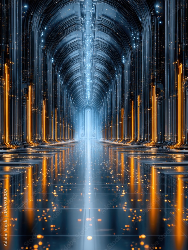 Obraz premium Futuristic cathedral-inspired vr server room with glowing lights for design and technology enthusiasts