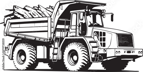 Forwarder forestry machine outline vector. Minimal side view in technical style