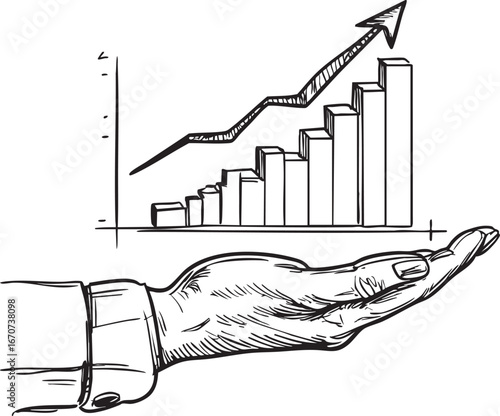 Wealth management outline vector. Hand supporting financial bar chart in linear design