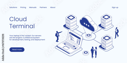 Cloud Terminal, Laptop as Cockpit Connected to Server Engine and Cloud for Development, Testing, and Deployment Ecosystem. Technology Isometric 3d Line Vector Illustration.