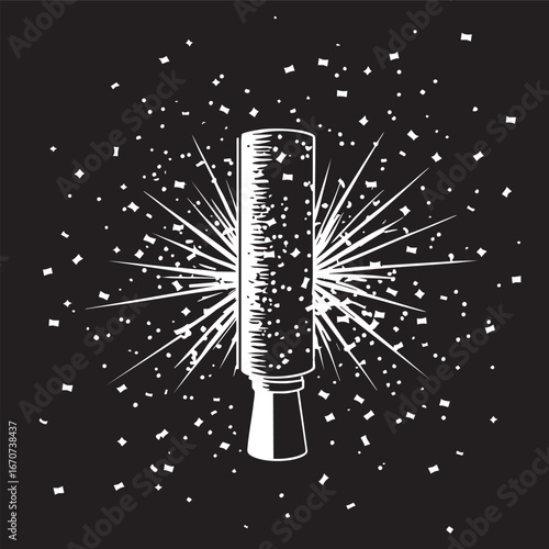 Party popper with confetti outline. Black and white minimalist vector for celebrations.
