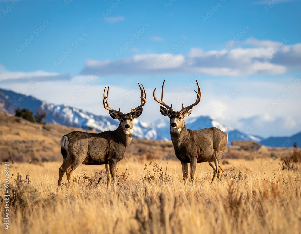 Fototapeta premium Two majestic mule deer in a golden field against a mountain backdrop