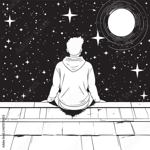 Person reflecting under night sky rooftop outline vector art for solitude and dreams