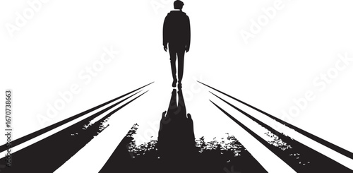 Lonely traveler on empty road. Outline minimalist artwork of solitude and journey