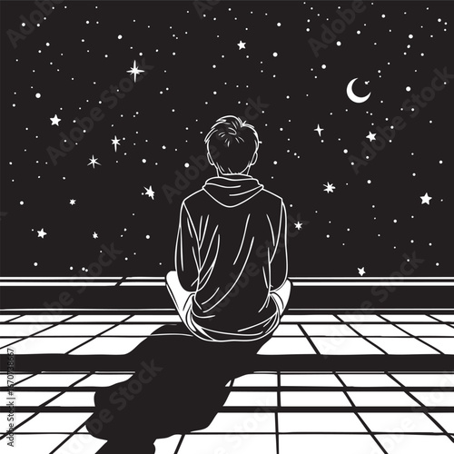 Person reflecting under night sky rooftop outline vector art for solitude and dreams