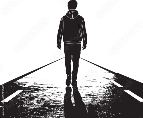 Lonely traveler on empty road. Outline minimalist artwork of solitude and journey