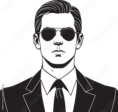 Secret agent outline. Minimalistic black line art of a spy in suit with sunglasses vector illustration.