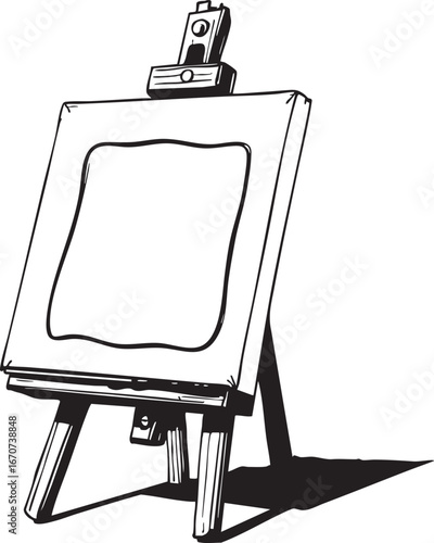 Small canvas on table easel outline. Black and white minimalist vector illustration.