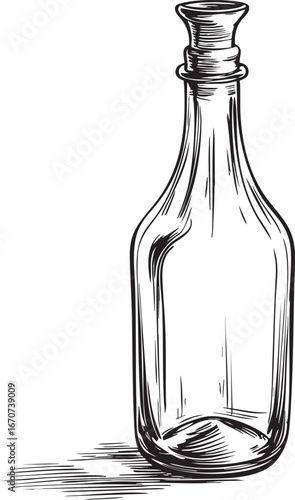 Transparent vintage glass bottle outline in linear black sketch vector illustration