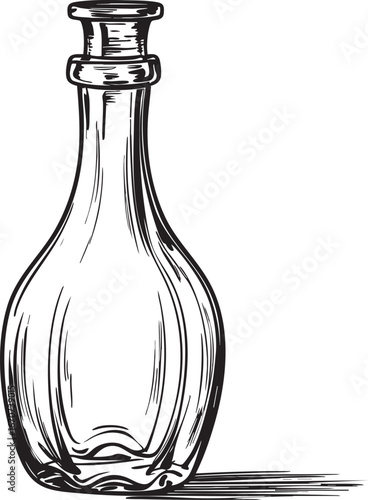Transparent vintage glass bottle outline in linear black sketch vector illustration