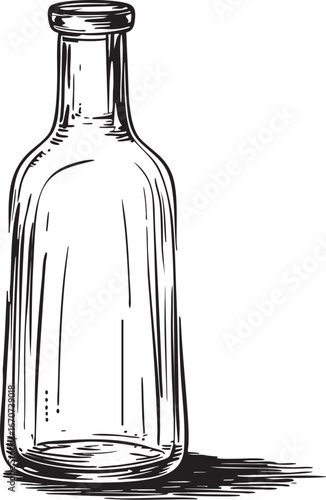 Transparent vintage glass bottle outline in linear black sketch vector illustration