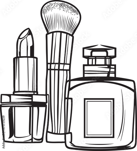 Outline of beauty products. Minimalistic vector icons of lipstick perfume and cream jars in black and white.