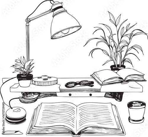 Cozy home desk outline. Warm study or work scene in simple lines.