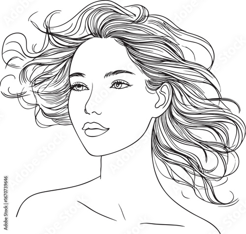 Outline of female face with flowing hair. Elegant minimalist black and white vector portrait for beauty concepts.