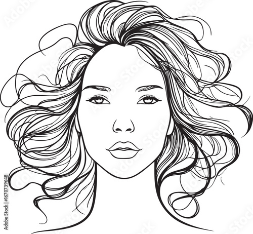 Outline of female face with flowing hair. Elegant minimalist black and white vector portrait for beauty concepts.