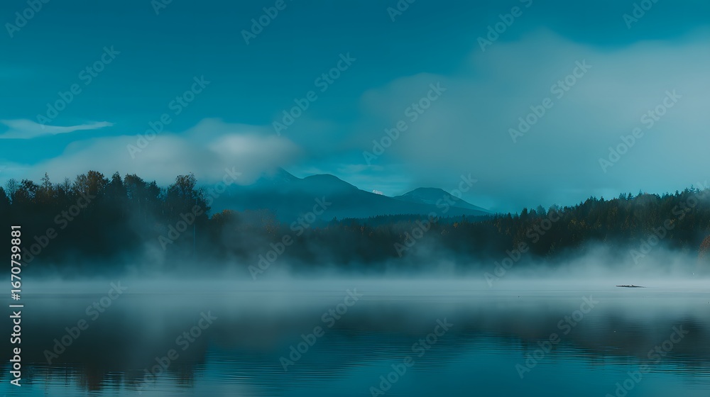 Obraz premium A tranquil lake scene shrouded in a soft mist, showcasing a serene landscape of mountains and forests bathed in a cool blue light.