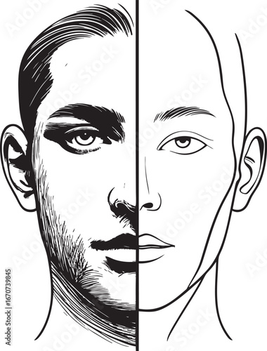 Split human face in outline style. Symbolic vector illustration of dual personal identity.