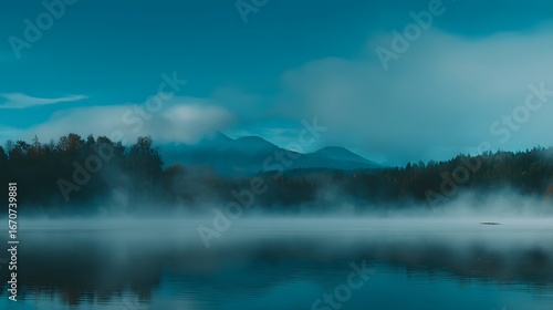 Wallpaper Mural A tranquil lake scene shrouded in a soft mist, showcasing a serene landscape of mountains and forests bathed in a cool blue light. Torontodigital.ca