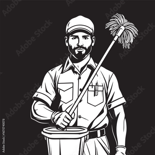 Latin American janitor outline vector. Minimal design with mop and cleaning tools