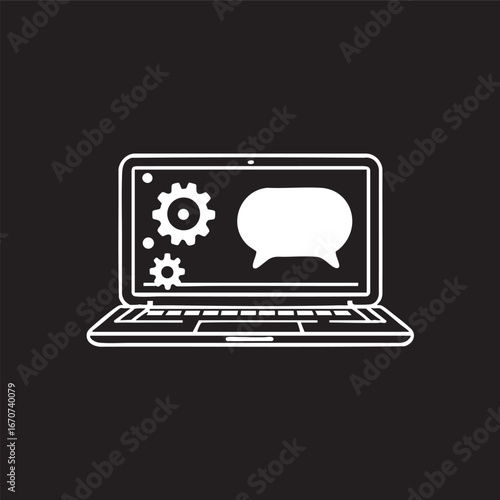 Laptop support outline icon. Minimalist tech help concept with gear and chat bubble.