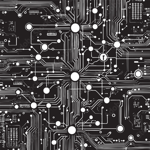 Neural network and circuit board outline. Futuristic tech vector concept.