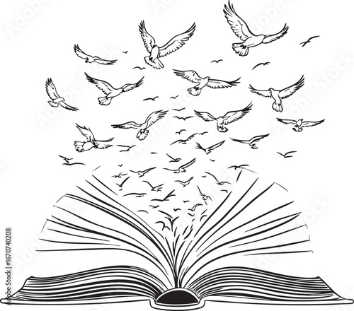 Knowledge Liberation Self-Improvement Concept. Outline Illustration of Book Transforming into Birds in Continuous Line Style.