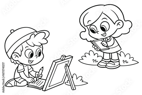 black and white illustration depicts two children engaged in art.