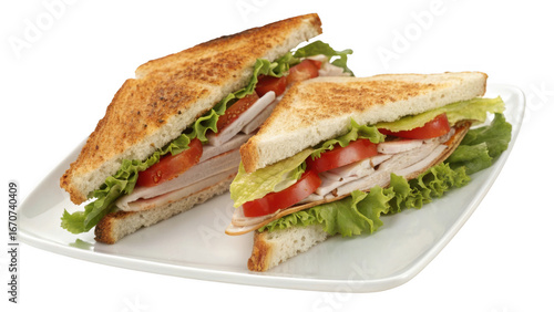 Deliciously prepared turkey club sandwich cut in half and presented on a white plate isolated on transparent background
