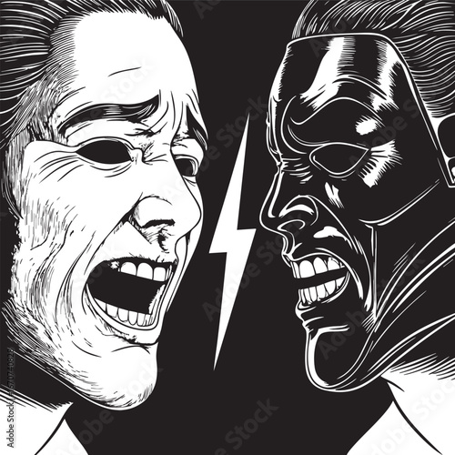Dual mask outline. Emotional contrast between fear and bravery in symbolic black and white vector.