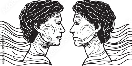 Emotional resonance outline. Black and white vector of two minds in empathetic connection.