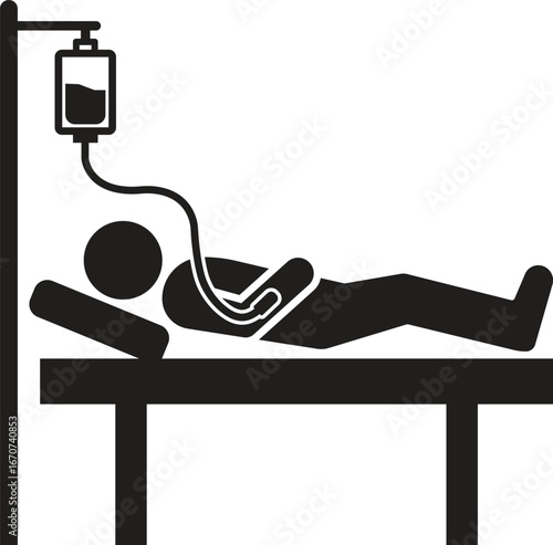 Minimalist Black Silhouette Illustration of Patient on Hospital Bed with IV Drip