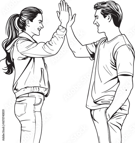 Casual high five interaction outline. Vector drawing of two people celebrating success