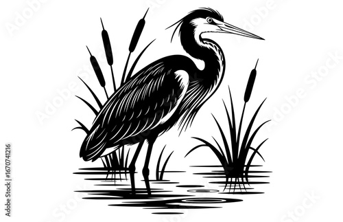 Black and white vector illustration of a heron bird in a swamp with reeds, ideal for logos, t-shirt prints, or nature-themed brand assets