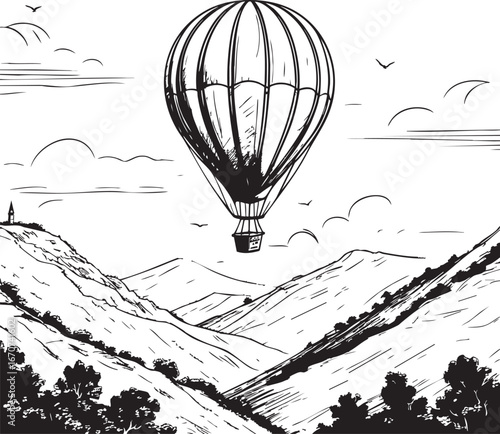 Hot air balloon outline. Minimalist vector of travel adventure and exploration themes.